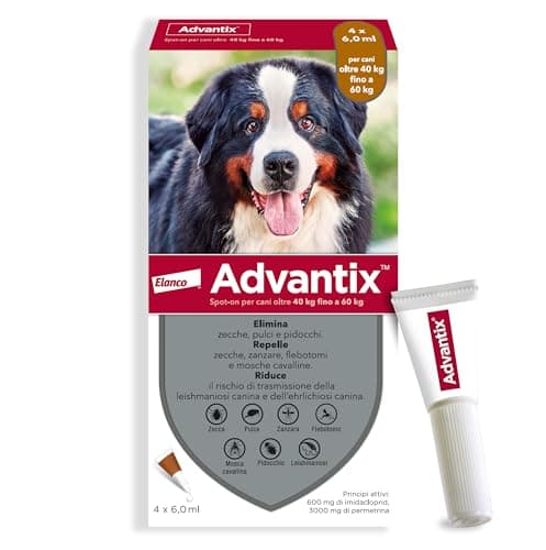 Advantix Spot on Cani antiparassitario Cane 4 tubetti 6,0ml, Elimina zecche, pulci, pidocchi e larve di pulce in casa. Protegge da zanzare, pappataci e rischio di leishmaniosi.