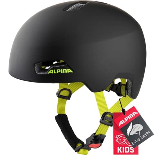 ALPINA Hackney - Leichter, Bruchfester & Optimal Klimatisierter Fahrradhelm für Kinder, Mit Nachrüstbarem LED für Gute Sichtbarkeit, Black-neon Yellow matt, S (47-51 cm)