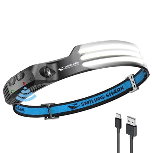 Smiling Shark Lampada Frontale, 230°Angolo Ampio 3*Strisce Luce Luminose Bianca Brillante Ricaricabile Sensore di Movimento Faro Impermeabile Campeggio Outdoor, Torcia-Frontale-Lampada-LED-Camping