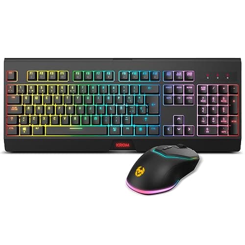 KROM Kabala - Kit Teclado Membrana inalámbrico RGB Rainbow retroiluminado, 6 Teclas Anti-Ghosting, Raton Óptico inalámbrico 6 Niveles dpi 800-4800 on-The-Fly, Compatible PC, Layout español, Negro
